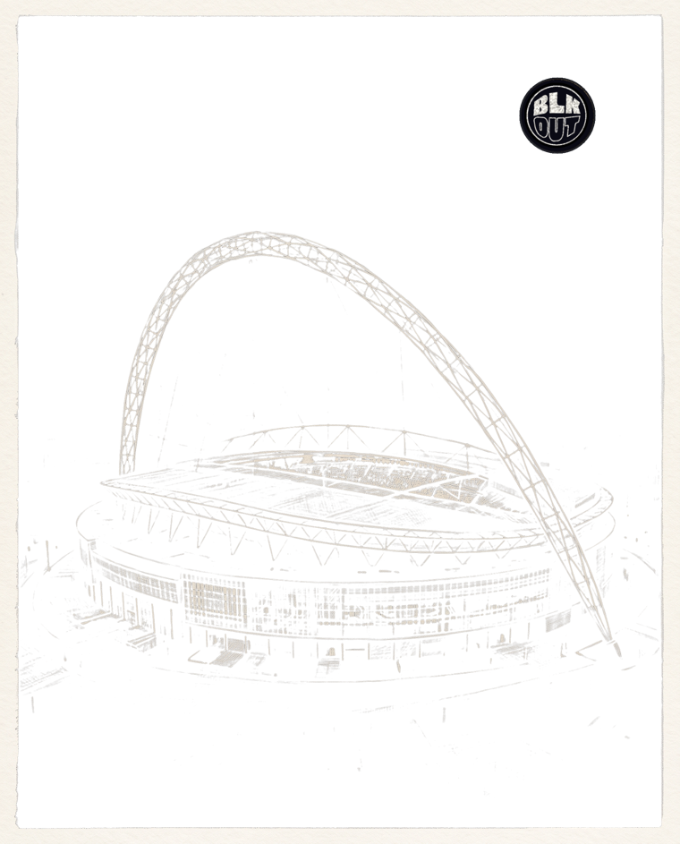 Pencil sketch of Wembley Stadium's arch against a night sky, with the BLKOUT roundel set as a small distant moon above it