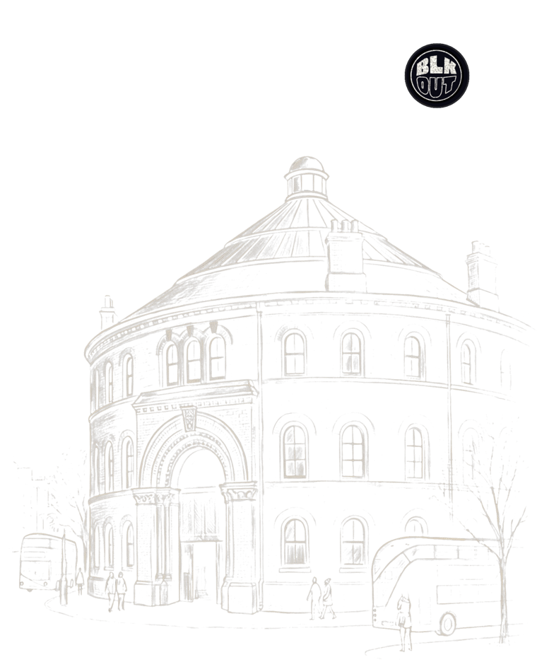 Pencil sketch of the Roundhouse's circular brick facade in Chalk Farm with the BLKOUT roundel set into a small moon above the roofline