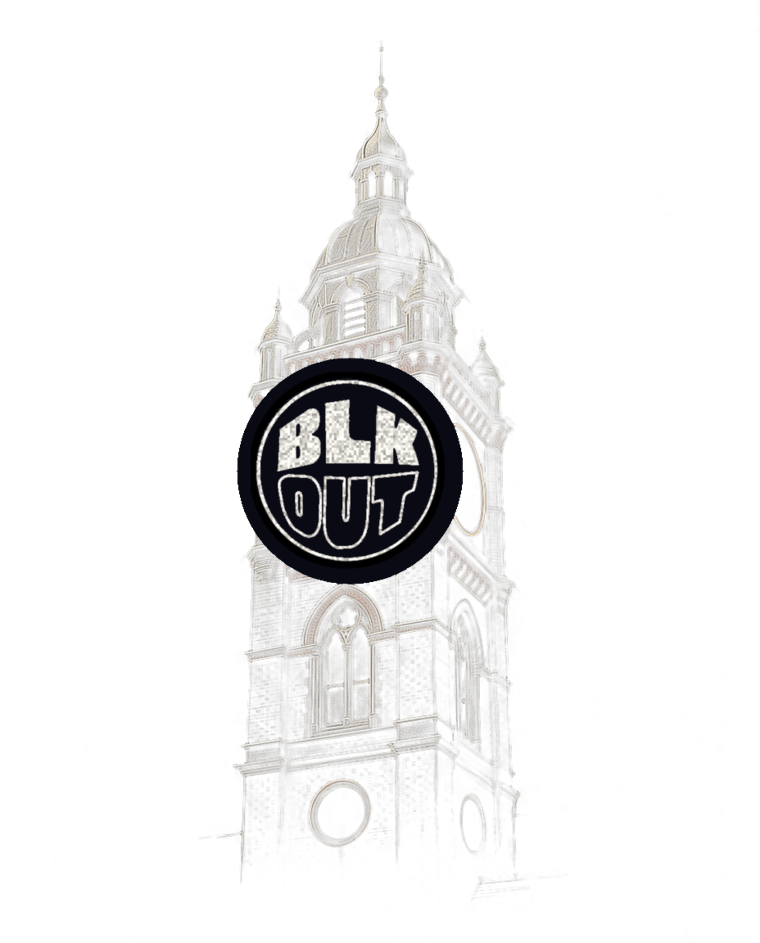 Pencil sketch of the Croydon Clocktower with the BLKOUT roundel as its clock face