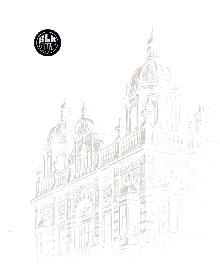 Pencil sketch of the Hackney Empire's ornate rooftop cupolas with the BLKOUT roundel set as a moon above them