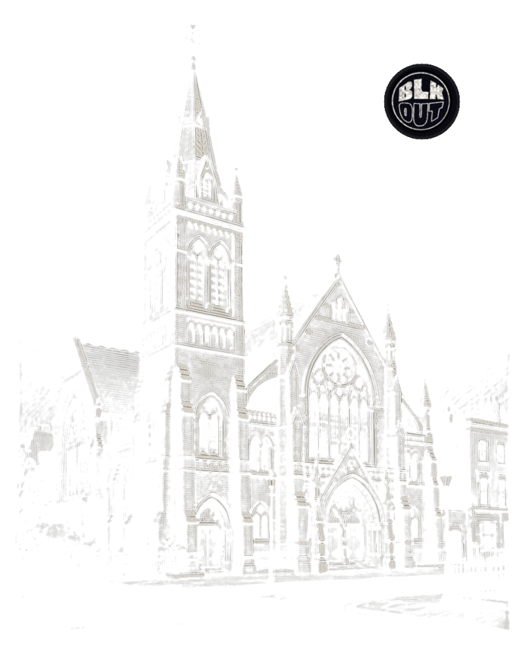 Pencil sketch of Union Chapel on Compton Terrace, Islington, its tower and rose window, with the BLKOUT roundel set into a small moon above