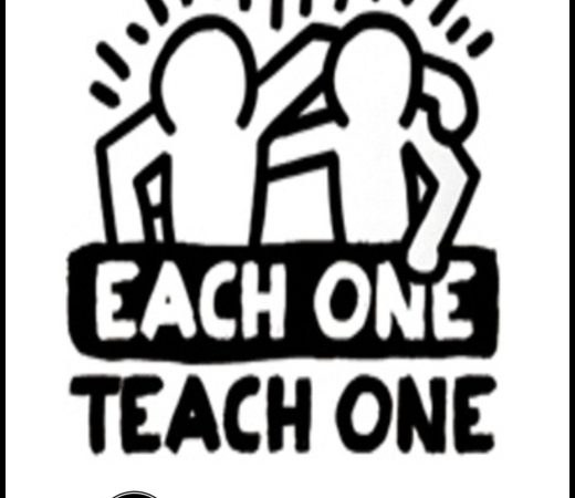Each One Teach One graphic, two Keith Haring style figures with arms around each other