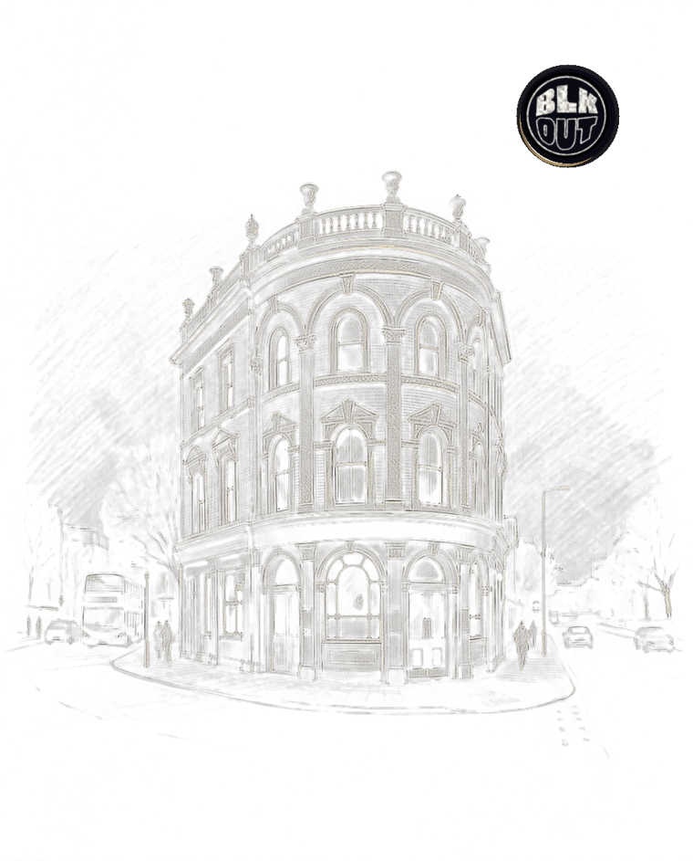 Pencil sketch of the Royal Vauxhall Tavern with the BLKOUT roundel as a full moon above it