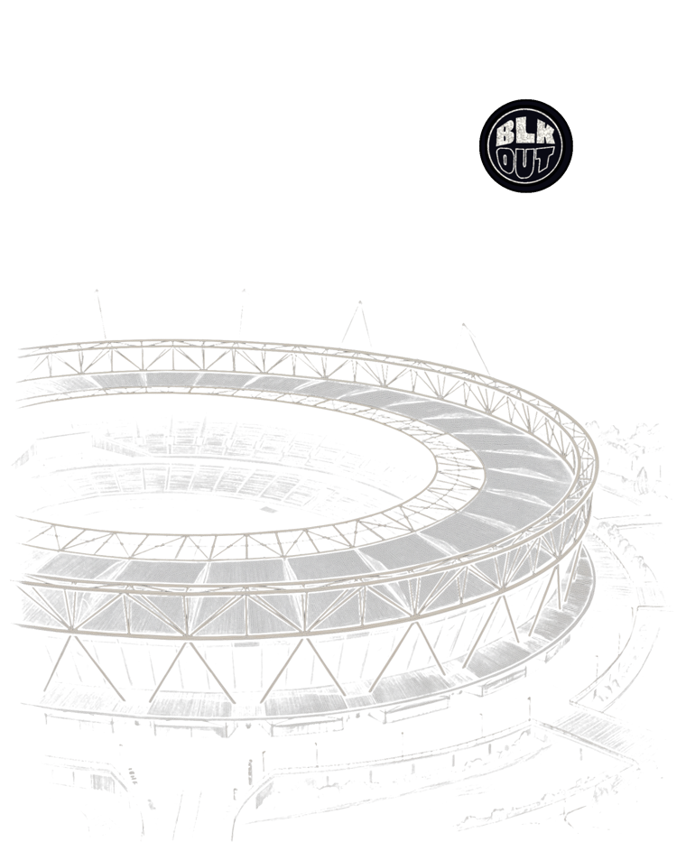 Pencil sketch of the London Stadium's ring of floodlights and roof cables at Queen Elizabeth Olympic Park, with the BLKOUT roundel set as a small distant moon in the sky above it