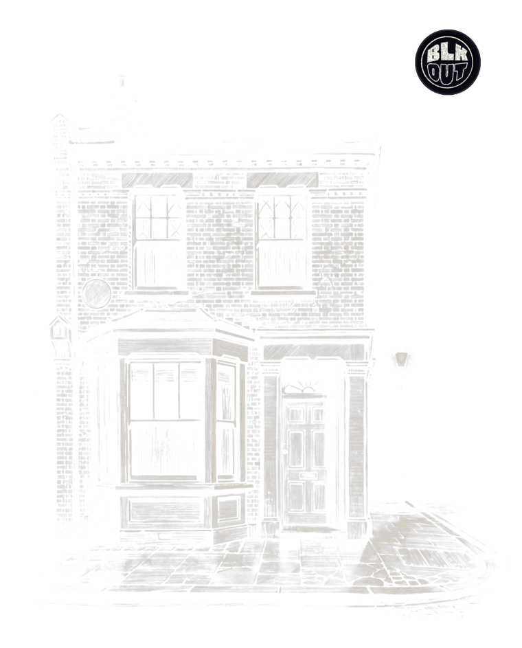 Pencil sketch of the Newington Causeway building where Dr Cecil Belfield Clarke practised, with the BLKOUT roundel as a moon above it