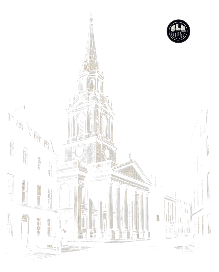 Pencil sketch of Christ Church Spitalfields' white stone spire and portico at night, with the BLKOUT roundel set as a small moon in the sky above it