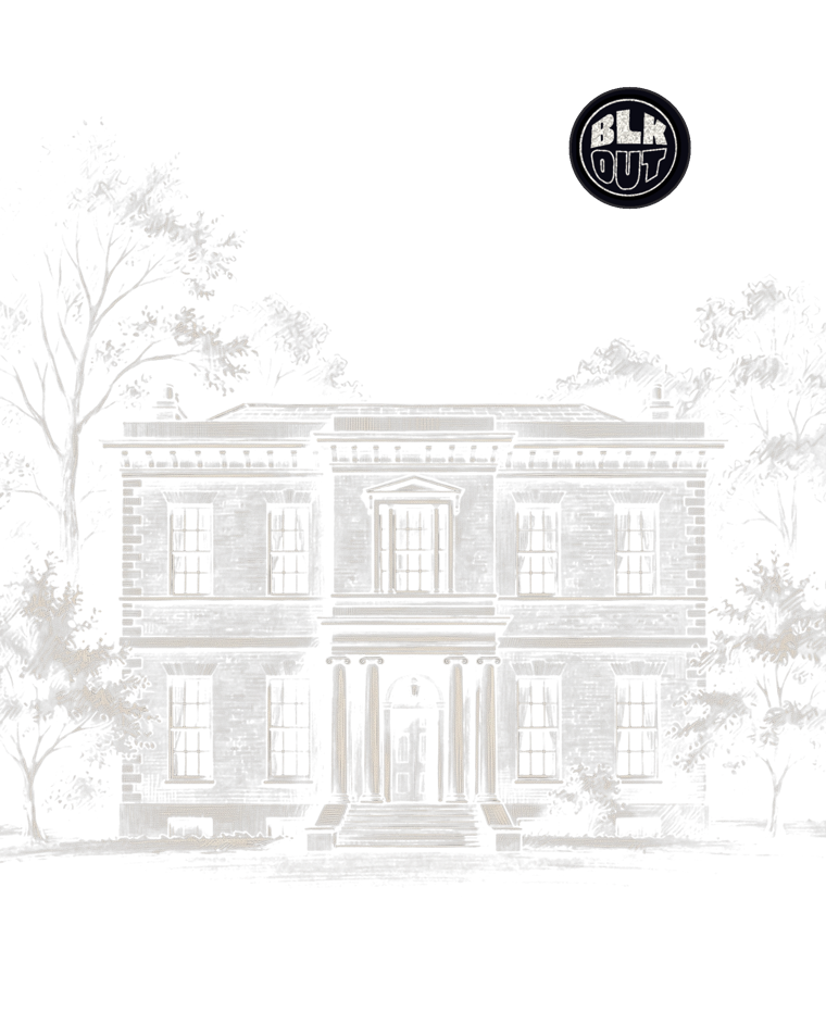 Pencil sketch of the William Morris Gallery's Georgian façade in Lloyd Park with the BLKOUT roundel set into a small moon above the roofline