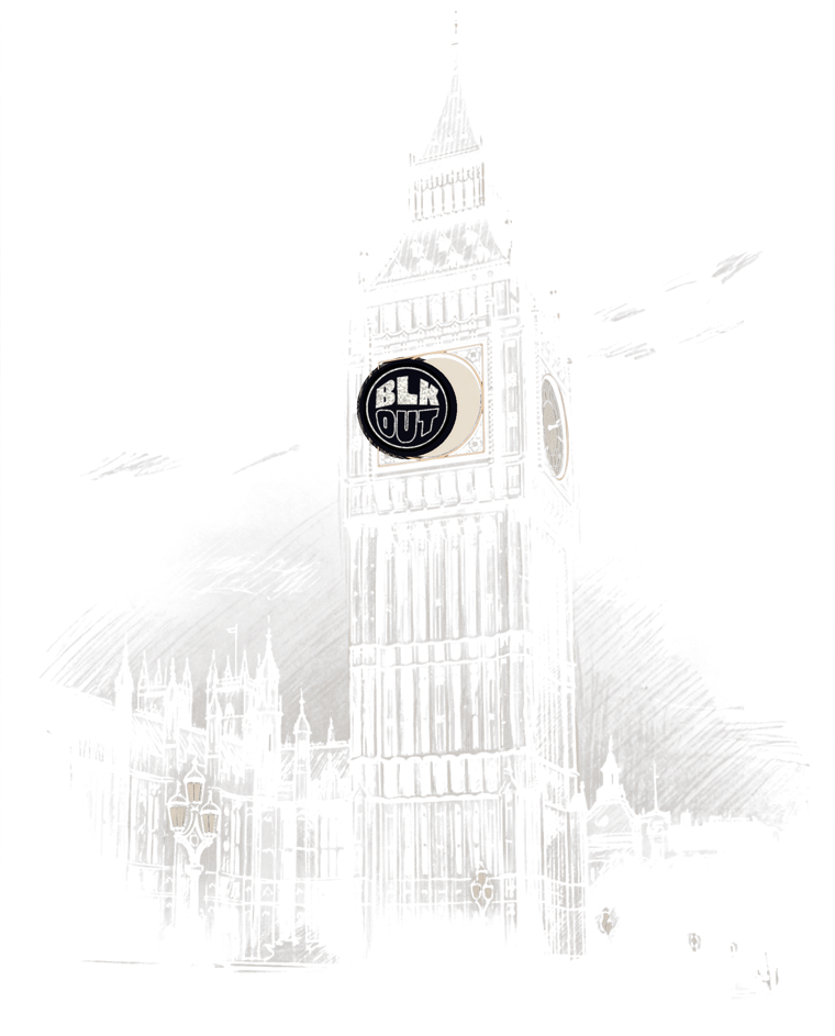 Pencil sketch of the Elizabeth Tower with the BLKOUT roundel set into its clock face